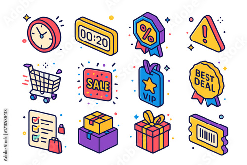 Vibrant Shopping Icons. Colorful isometric vector icons set of online shopping during sales events: flash sale clock, countdown timer banner, mega discount