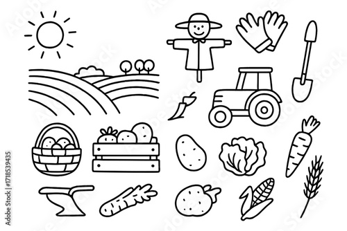 Farm Doodle Icons. Farm fields. Hand-drawn doodle illustration farm fields tractor, plow, basket, crate, carrot, potato, tomato, lettuce, corn,