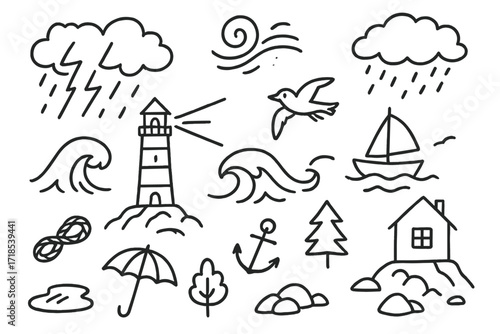 Coastal Storm Doodle. Hand-drawn doodle illustration Coastal storm [lighthouse, wave, seagull, boat, anchor, cloud, rain, lightning, rope, house, rock, tree,