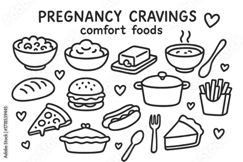 Pregnancy Cravings Doodles. Hand-drawn doodle illustration Pregnancy cravings comfort foods [mac and cheese bowl, mashed potatoes, soup bowl, bread loaf,