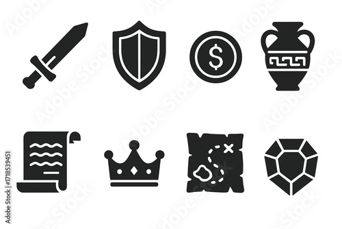 Historic Artifacts Icons. Solid, filled icon set of historic artifacts: old sword, shield, coin, ancient vase, scroll, crown, old map, gemstone. Solid, filled