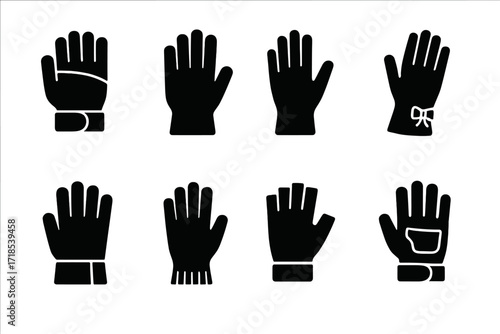 Icon Set_ Various Gloves. Solid, filled icon set of gloves by use: sports gloves, safety gloves, medical gloves, fashion gloves, work gloves, thermal gloves,