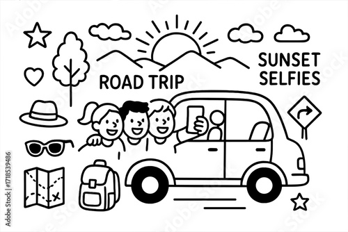 Road Trip Snapshot. Hand-drawn doodle illustration Road trip sunset selfies [car, smartphone, group of friends, sun, horizon, clouds, mountain, tree, map,