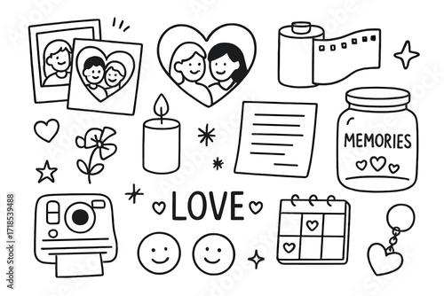 Scrapbook Memories Icons. Hand-drawn doodle illustration Couple memories scrapbook, polaroids, heart photo, film roll, candle, handwritten note, memory jar,