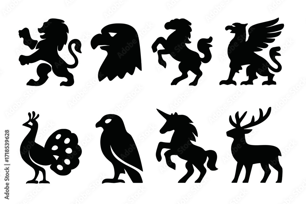 Obraz premium Noble Animal Icons. Solid, filled icon set of noble animals: lion, eagle, stallion, griffin, peacock, falcon, unicorn, stag. Solid, filled icons in only black