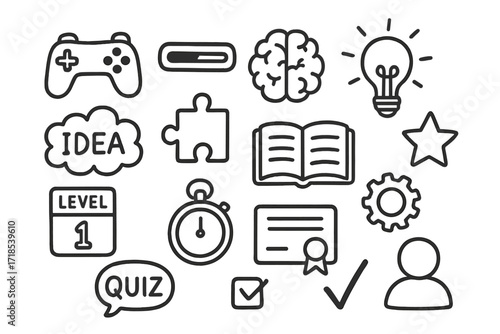 Learning Doodle Icons. Hand-drawn doodle illustration learning and development game controller, progress bar, brain, lightbulb, idea cloud, puzzle piece, open
