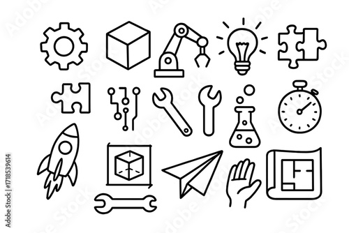 Prototyping Icons Collection. Hand-drawn doodle illustration prototyping gear, cube, robot arm, light bulb, puzzle piece, circuit board, wrench, test tube,