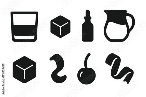 Classic Cocktail Icons. Solid, filled icon set of old fashioned ingredients: whiskey, sugar cube, bitters, water, ice, orange peel, cherry, lemon zest. Solid,