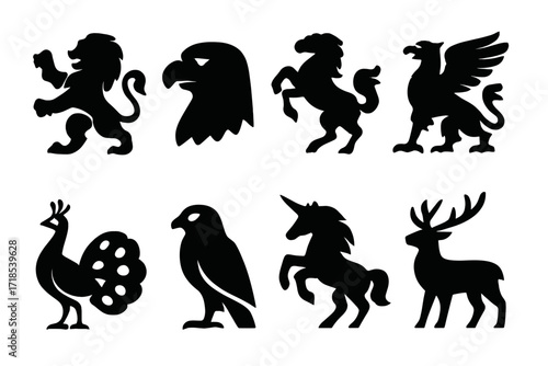 Noble Animal Icons. Solid, filled icon set of noble animals: lion, eagle, stallion, griffin, peacock, falcon, unicorn, stag. Solid, filled icons in only black