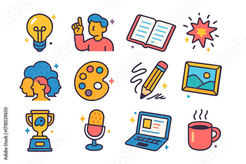 Creative Icon Collection. Colorful isometric vector icons set of creative breakthrough: idea lightbulb, eureka pose, open notebook, inspiration