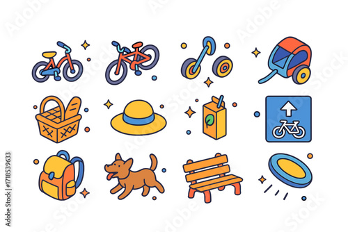 Family Cycling Icons. Colorful isometric vector icons set of family cycling day: child bike, tandem bicycle, training wheels, bike trailer, family picnic