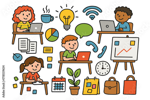 Colorful Coworking Doodle. Colorful Hand-drawn doodle Children illustration coworking space people at desks, laptop, coffee cup, light bulb, whiteboard, wifi,