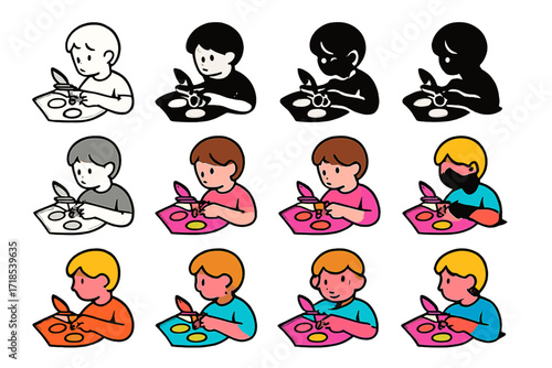 Tissue Flower Logo Designs. Set Logo of Kids Making Tissue Paper Flowers: Child cutting petals from tissue paper. Logo set in vector style,