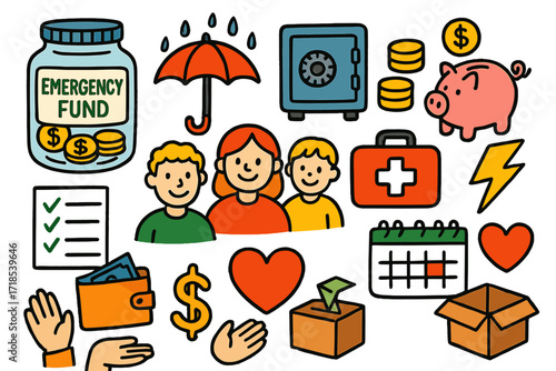 Emergency Fund Doodle. Colorful Hand-drawn doodle Children illustration Emergency Fund jar, safe, red umbrella, coins, first aid kit, piggy bank, lightning