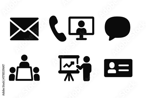 Corporate Communication Icons. Solid, filled icon set of corporate communication: email, phone, video conference, chat bubble, meeting room, presentation