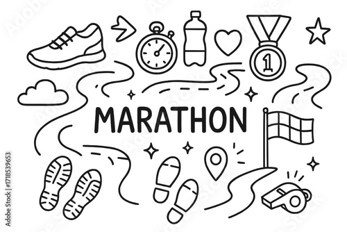 Marathon Doodle Icons. Hand-drawn doodle illustration Marathon distance [running shoe, stopwatch, water bottle, medal, road, arrow, flag, gps pin, footsteps,