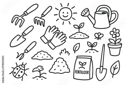 Gardening Tools Doodle. Hand-drawn doodle illustration Hand hoe and gardening tools hand hoe, small rake, seedling, watering can, trowel, gloves, soil, sun,