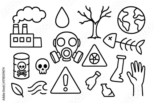Environmental Pollution Doodles. Hand-drawn doodle illustration Environmental contamination factory, smoke cloud, water droplet, fish skeleton, dead tree, gas