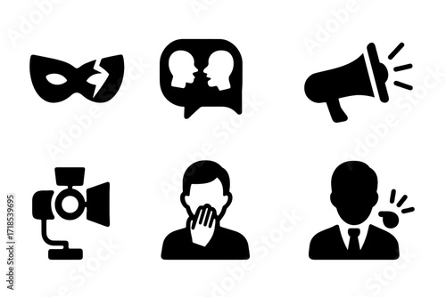 Scandal Icon Set. Solid, filled icon set of scandal elements: broken mask, gossip speech bubble, newspaper, megaphone, spotlight, hand covering mouth, question