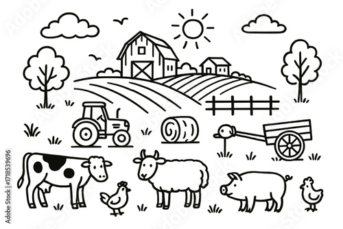 Rustic Farm Doodle. Hand-drawn doodle illustration rustic fields barn, plowed rows, tractor, fence, tree, hay bale, cow, sheep, pig, chicken, cloud, sun, bird,
