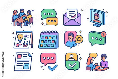 Workplace Communication Icons. Colorful isometric vector icons set of workplace communication: team meeting, office chat, project update email, virtual call,