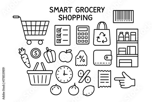 Smart Shopping Doodles. Hand-drawn doodle illustration Smart grocery shopping [shopping cart, checklist, calculator, reusable bag, barcode, store shelf,