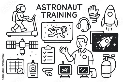 Astronaut Training Doodles. Hand-drawn doodle illustration [Astronaut training] [spacesuit, treadmill, helmet, underwater tank, space station model, checklist,