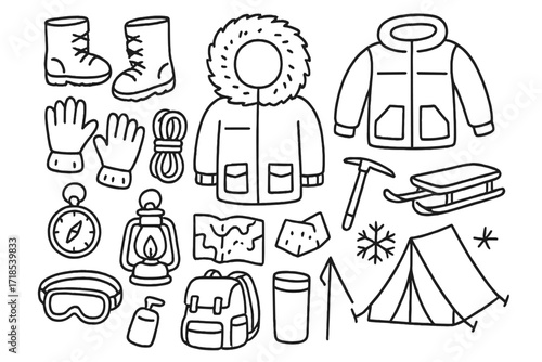 Arctic Survival Gear Doodles. Hand-drawn doodle illustration Arctic survival gear [snow boots, fur hood, jacket, gloves, rope, compass, ice pick, lantern,