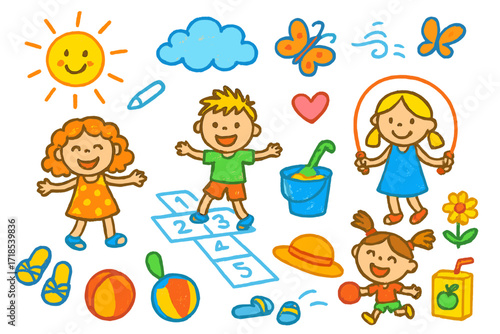 Playful Kids' Day. Colorful Hand-drawn doodle Children illustration Kids Playing in Sandals sandals, hopscotch, ball, jump rope, smiley sun, cloud, butterfly,