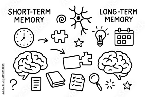 Memory Illustration Doodle. Hand-drawn doodle illustration Short-term and long-term memory [brain, clock, calendar, neuron, arrows, puzzle piece, light bulb,