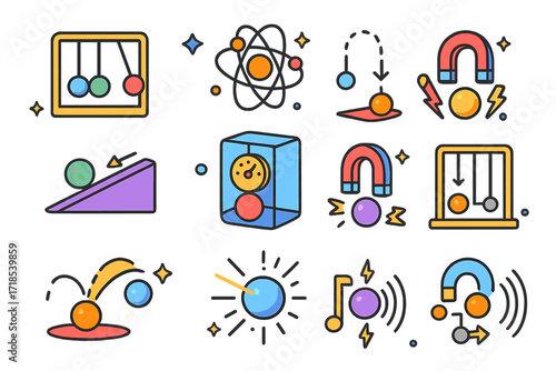 Colorful Science Ball Icons. Colorful isometric vector icons set of science and physics balls: pendulum balls, atom ball model, friction ball test, gravity