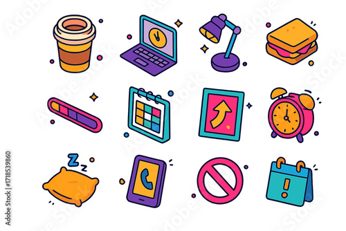 Hustle Culture Icons. Colorful isometric vector icons set of hustle culture symbols: coffee cup, laptop clock, working late lamp, progress bar, all-day
