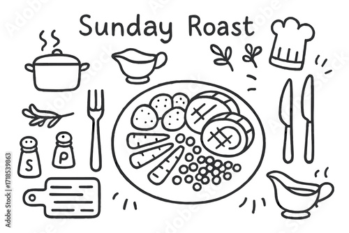 Sunday Roast Icons. Hand-drawn doodle illustration Sunday roast roast beef, roasted potatoes, carrots, peas, plate, fork, knife, gravy boat, herbs, salt
