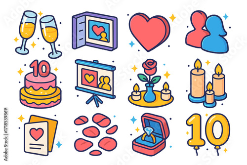 Anniversary Party Icons. Colorful isometric vector icons set of Anniversary Party Items: champagne glasses, photo album, love heart icon, couple silhouette,