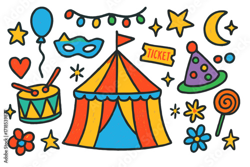 Colorful Circus Doodle. Big top. Colorful Hand-drawn doodle Children illustration circus tent, string lights, drum, clown hat, star, heart, sparkle, balloon,