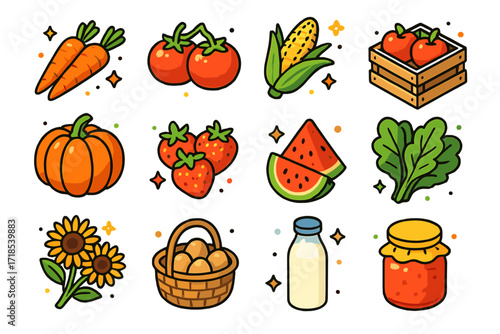 Farm Produce Icons. Colorful isometric vector icons set of Farm produce and goods: fresh carrots, ripe tomatoes, corn on the cob, apples in crate, pumpkin,