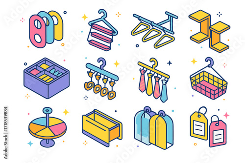 Colorful Closet Tool Icons. Colorful isometric vector icons set of closet organization tools: hanging divider tags, tiered hanger rack, closet rod extender,
