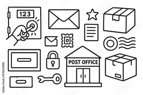 Post Office Doodle Icons. Hand-drawn doodle illustration Opening PO box door key turning, envelope, letter, package, lock, star, stamp, postmark, number plate,