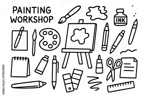 Art Workshop Tools. Hand-drawn doodle illustration [painting workshop] [paintbrush, palette, easel, canvas, watercolor splash, ink bottle, pencil, pen, paint