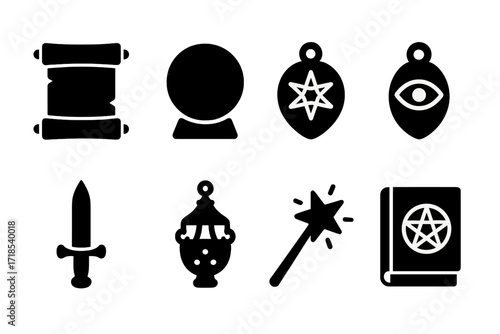 Ancient Artifacts Icons. Solid, filled icon set of old belief artifacts: ancient scroll, crystal ball, talisman, amulet, ceremonial dagger, incense burner,