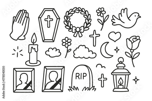 Funeral Symbols Sketch. Hand-drawn doodle illustration Funeral rituals coffin, candle, wreath, flower, dove, cross, tombstone, prayer hands, photo frame,