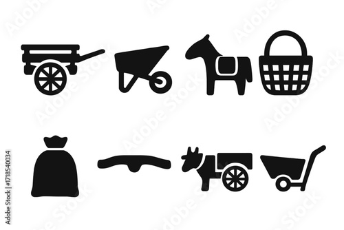 Peasant Transport Icons. Solid, filled icon set of peasant transport and carrying: wooden cart, wheelbarrow, pack horse, basket, sack, yoke, ox cart, handcart.