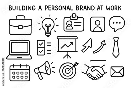 Personal Brand Elements. Hand-drawn doodle illustration Building a personal brand at work [briefcase, lightbulb, name tag, speech bubble, laptop, checklist,