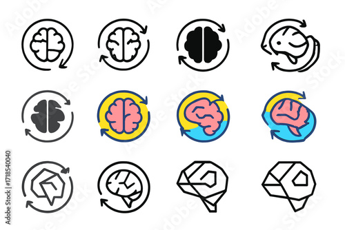 Cognitive Therapy Logos. Set Logo of Cognitive Therapy: Circular arrows around brain. Logo set in vector style, emblematic variations. line, bold thick line,