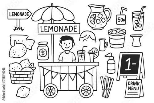 Cartoon Lemonade Stand. Hand-drawn doodle illustration Lemonade Stand umbrella, lemonade sign, wooden cart, lemon basket, coin jar, glass cup, pitcher, smiling