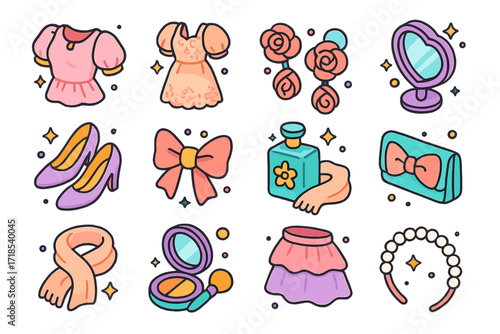 Romantic Feminine Icons. Colorful isometric vector icons set of Romantic feminine style: puff sleeve blouse, lace dress, rose-shaped earrings, heart-shaped