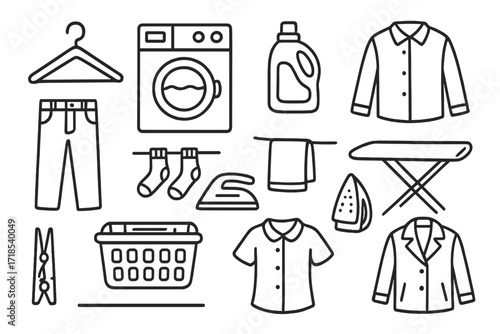 Laundry Day Doodles. Hand-drawn doodle illustration Laundry day hanger, washing machine, detergent, shirt, pants, socks, basket, iron, ironing board,