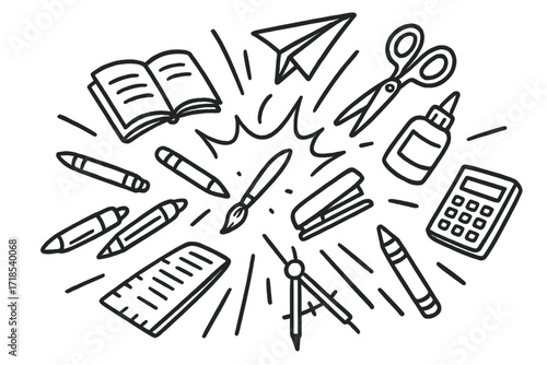 Stationery Objects Collide. Hand-drawn doodle illustration objects colliding in mid-air Book, Notebook, Paper plane, Pencil, Pen, Eraser, Scissors, Glue