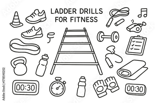 Fitness Agility Icons. Hand-drawn doodle illustration [ladder drills for fitness] [agility ladder, sneakers, cones, hurdles, jump rope, dumbbell, resistance