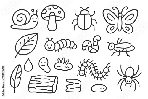 Forest Doodle Creatures. Hand-drawn doodle illustration [Tiny forest creatures] [snail, beetle, caterpillar, ant, worm, spider, butterfly, centipede, cricket,